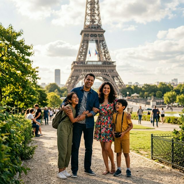 Happy Indian family visiting Paris